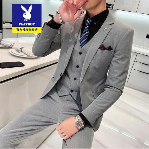 
Playboy suit suit men's three-piece Korean style slim business formal suit casual little suit groom best man wedding dress 719/black [two-piece suit + pants] 2XL Recommended 135-145Jin [Jin equals 0.5 kg]