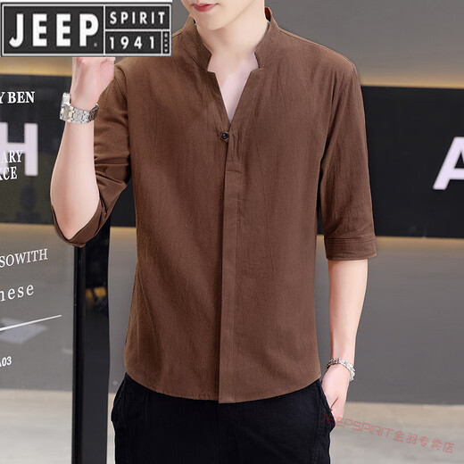 Jeep Spirit Henry Collar Coton et Linear Long Mancheve Shirt Men's Men's Men's Men's Men's Summer Casual Shirt Shirt Shirt à manches courtes 2025 Nouveau CS8K02 Blanc à manches mi-manche M 90-110Jin [Jin est égal à 0,5 kg]