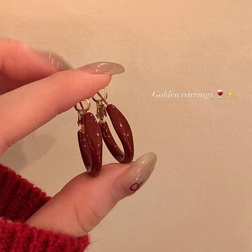 New Year's Eve Ankora Red Drop Glaze Earrings Light Luxury High-end Earrings Niche Temperament Earrings Autumn and Winter Earrings for Women Burgundy Plain Hoop Earrings One Pair