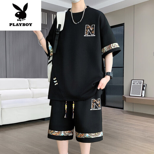 花花公子（PLAYBOY）2025年夏季新款中国风时尚休闲男士套装圆领短袖T恤短裤两件套潮 【短.袖套装】6195 米白色 3XL (建议160-180斤)