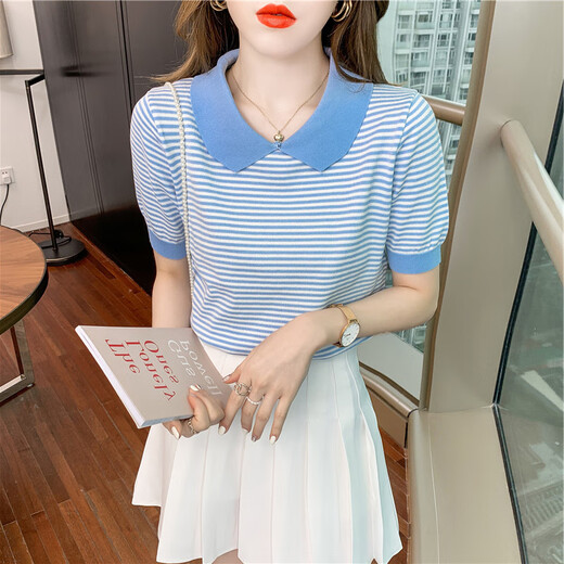 酷章（KUZHANG）条纹娃娃领短袖女2025夏季新款冰丝针织衫薄款T恤小个子减龄上衣 dx691#黄色 S  建议80-100斤