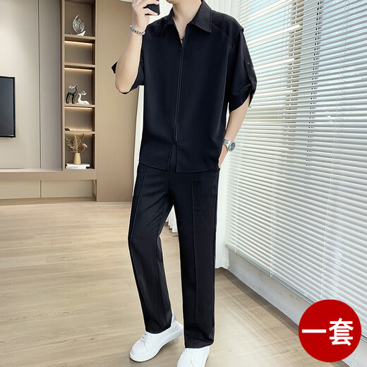 罗蒙冰丝衬衫男士2025新款轻熟风一套痞帅设计感夏季休闲穿搭衬衣套装 718卡其【套装】 中袖款 XL