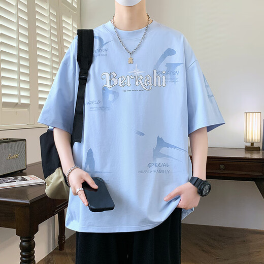 啄木鸟（TUCANO）青少年大童短袖t恤男孩12-15岁初中学生棉质上衣服13潮流帅气夏装 10348-697浅蓝色+693白色 2XL 130-145斤