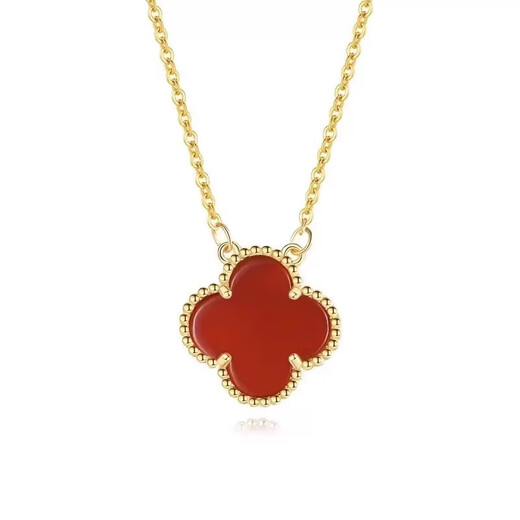 Century-old Fenxiang light luxury four-leaf clover necklace 18K gold women's Au750 carnelian clavicle chain gold gift gift Lao Fengxiang 18k rose gold carnelian four-leaf clover necklace