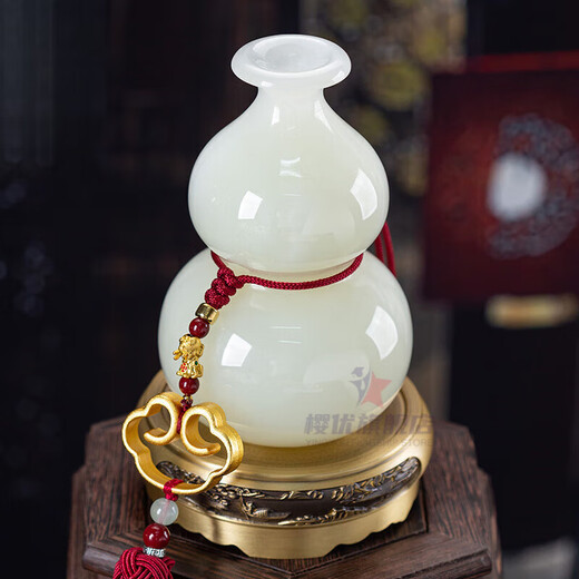 樱优天然玉石葫芦平安摆件家居饰品客厅电视柜玄关居家中式摆设 现货-臻品青玉葫芦F15810配黄铜