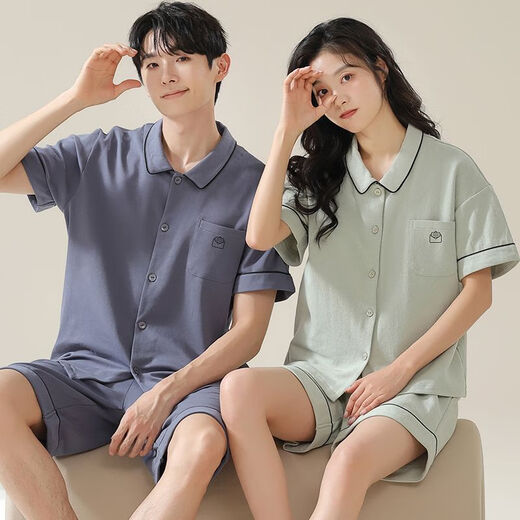 雅鹿高品质情侣睡衣夏季棉质短袖短裤简约纯色开衫男士女款可外穿家居 X12706-12806# XL 女款：