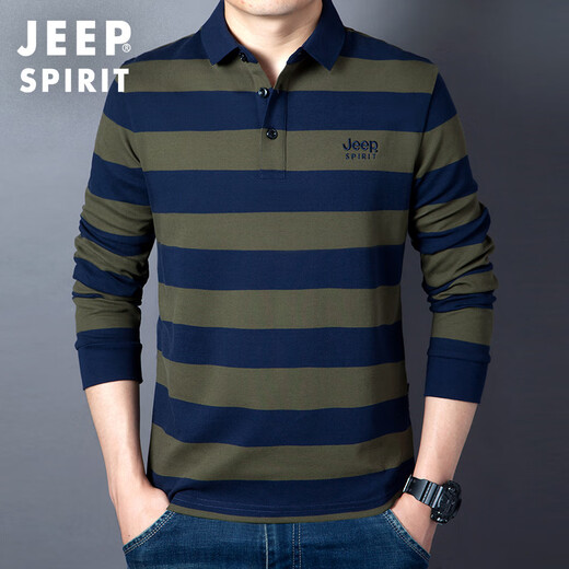 JEEP SPIRIT Jeep spring and autumn new loose business striped cotton long-sleeved T-shirt men's Polo shirt tops T-shirt men's military green L