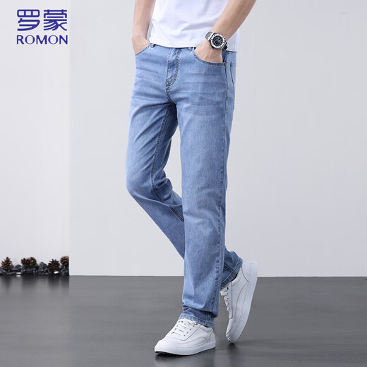 Lomon Jeans Men's Summer's Thin Pright Men's Stants растягивают повседневные мужские брюки Blue 33