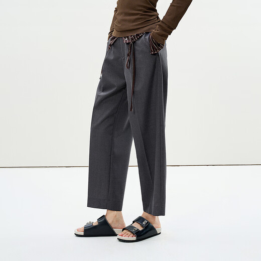 LESS [Same Model in Shopping Mall] 2025 Summer New Wool Casual Straight Cropped Pants Women 2P4E13660 011 Carbon Black XS