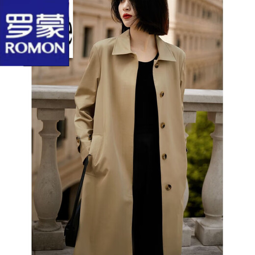 罗蒙（ROMON）风衣外套女中长款2023秋冬新款时尚女装翻领长袖宽松通勤百搭上衣 卡其色 XL