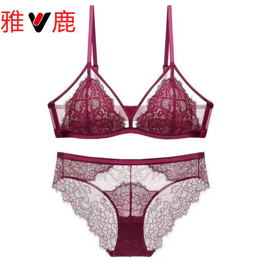 Yalu French Retro Lace Sexy Underwear Women's Wireless Bra Hollow Thin Large Breast Showing Small Red Bra Set Red Set 75B 34
