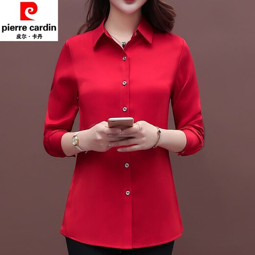 皮尔卡丹（pierre cardin）【9716人好评】春秋纯色白衬衫女外穿上衣长袖气质百搭打底衫宽松 红色 【春秋季不加绒】 L 【建议85-100斤】