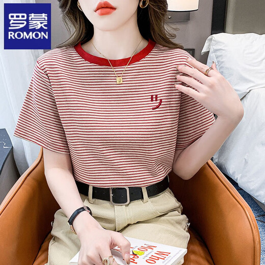 Romon gestreiftes kurzärmeliges T-Shirt für Frauen loser koreanischer Baumwoll-Sommer-Sommer Neues, vielseitiges T-Shirt rund Hals halbärmelig Top Red 9928 L Empfohlen 105-125jin [Jin ist 0,5 kg]