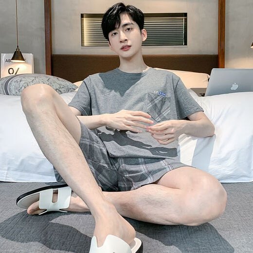 珍韵缘睡衣男士夏季短袖短裤棉质青少年简约夏背心大码中年家居服套装 9922 均码 男士L码(适合95120斤)