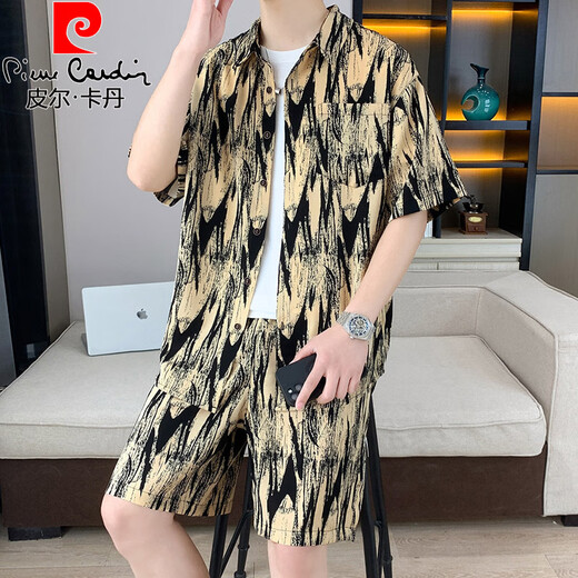 
Pierre cardin ice silk short-sleeved shirt suit men's summer thin seaside vacation Sanya travel Hawaii beach shorts two-piece set 677 pink suit M 90-110Jin [Jin equals 0.5 kg]