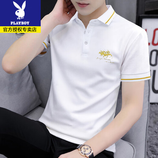 Playboy Sommer kurzärmeliges Polo-Shirt Herrenmarke Stickar Paul T-Shirt Mode, vielseitig, dünne Herren-INS-Lappel-Schwarz S5012 M 95-115jin [Jin gleich 0,5 kg]
