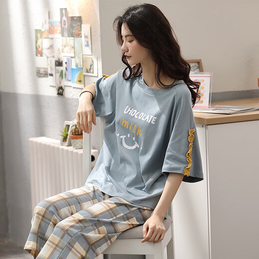 Sondr kurzärmeligte Pyjamas für Frauen im Sommer 2025 Neue Cropped Hosen für Frauen Sommer Largesize Home Clothing Set Frühling und Herbststil 9207 L Punkt: Code (Empfohlen 1C