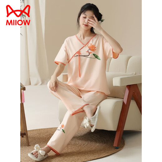 
Catman (MiiOW) summer women's short-sleeved pajamas set new Chinese style thin cotton home clothes and trousers can be worn outside for casual wear in summer LZY9905 XL (recommended 115-130Jin [Jin equals 0.5 kg])