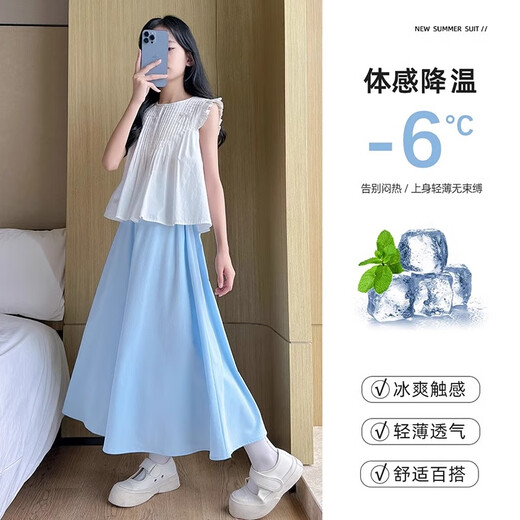 
Hanhan Xiang girls summer suit fashionable and fashionable 2025 new children's girls summer thin trousers skirt short sleeve two-piece set 9992 white + 15266 blue pants 160