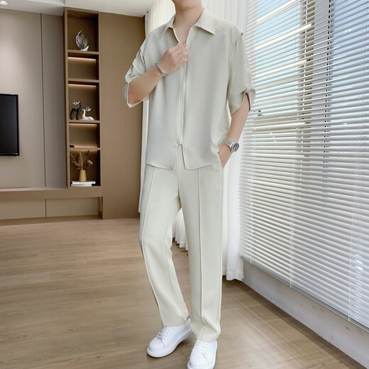 AEMAPE fashion trendy shirt men's summer suit light and handsome match with business casual slim trousers men's suit 718 meters white (seven-quarter sleeves) 3XL Recommended 160-175 Jin [Jin equals 0.5 kg]