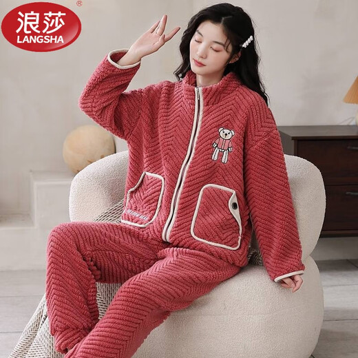 浪莎（LangSha）睡衣女士秋冬季珊瑚绒加绒加厚可外穿大码拉链法兰绒家居服套装 9712 双面提花绒 XL [建议120-140斤]