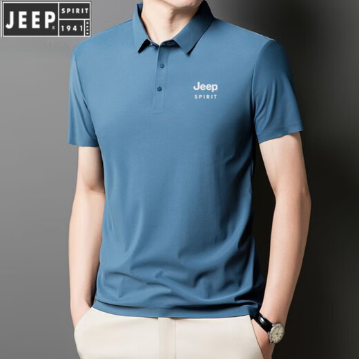JEEP SPIRIT new comfortable POLO shirt men's ice silk short-sleeved T-shirt summer lapel anti-wrinkle business and casual middle-aged and elderly half-sleeved JEEP12358 ice silk POLO shirt/haze blue XL [125-140Jin[Jin equals 0.5 kg]]