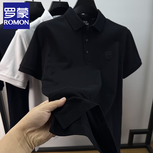 ROMON (ROMON) hem slit polo shirt men's short-sleeved T-shirt lapel summer cotton embroidery business casual half-sleeved men's top Navy blue XL
