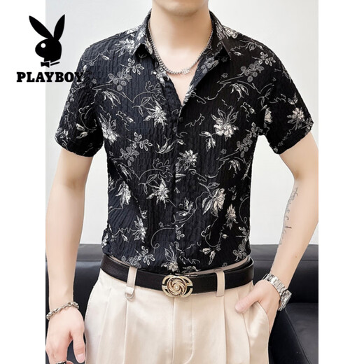 花花公子（PLAYBOY）冰丝修身短袖薄款碎花衬衫男士夏季休闲免烫垂感中袖衬衣时尚男装 BK679黑色 L