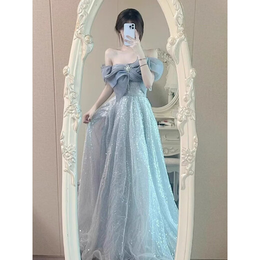 
Women's Banquet One-Shoulder Evening Dress Women's Banquet Temperament Light Luxury Niche High-end Host Art Exam Adult Gift Puffed Garnish Skirt Women Picture Color L