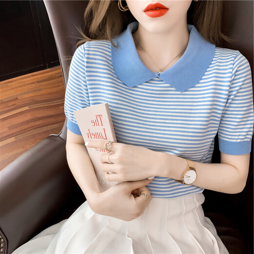 酷章（KUZHANG）条纹娃娃领短袖女2025夏季新款冰丝针织衫薄款T恤小个子减龄上衣 dx691#黄色 S  建议80-100斤