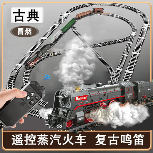 Shixia Fernbedienung Retro Dampfzug Hochgeschwindigkeitsauto Model Boy Toy Children Kinder Green Train Car Educational Toy 629b05 [CAR BOOD + 5 Auto + Leichtes Auto] Fernbedienungsversion Dampfzug Zug Lithiumbatterie