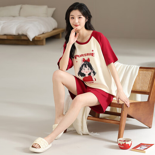 Yuemeinong pijamas para mujeres en verano con almohadilla de cofre 2025 Nuevo estilo lindo algodón de manga corta delgada de estilo coreano de estilo rojo CM: 1349# m