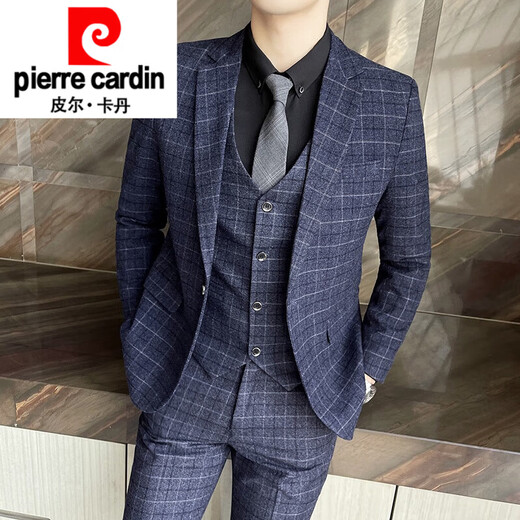 Pierre Cardin Spring and Autumn Thick Suit Men's Three-piece Korean Slim Small Suit Business Formal Wedding Groom's Dress Plaid Gray (Suit, Trousers) Tie M (90-109Jin Jin equals 0.5 kg)