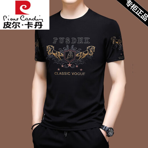皮尔卡丹（pierre cardin）夏季短袖t恤男士冰丝半袖夏装卫衣丝光棉刺绣宽松中年上衣服T恤潮 X733黑色 M 165【建议100-120斤】