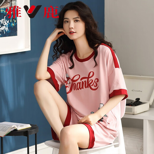 Yalu summer Korean women's pure cotton short-sleeved shorts pajamas wear casual and fresh cotton home clothes thin suit summer chest pad 12611 L (95-115Jin[Jin equals 0.5 kg])
