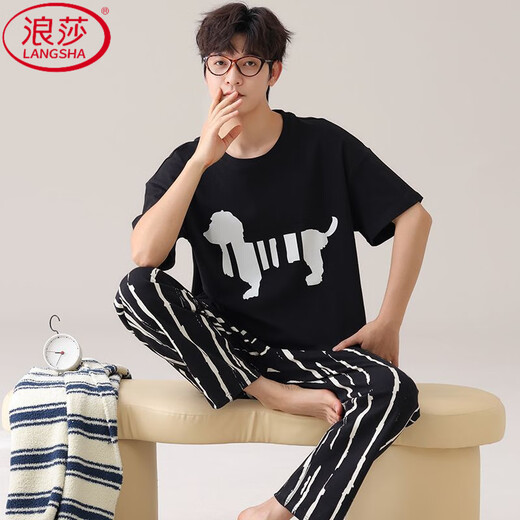 浪莎（LangSha）腊肠狗睡衣男夏季纯棉短袖长裤薄款青少年卡通学生家居服套装男 旗舰店-684初高中生夏季睡衣 L