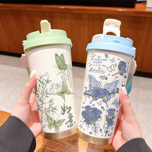咏幻蝴蝶保温杯不锈钢大容量吸管便携水杯子女生2025高颜值咖啡杯 古董白bxad6198蝴蝶520ml-配挂 不锈钢