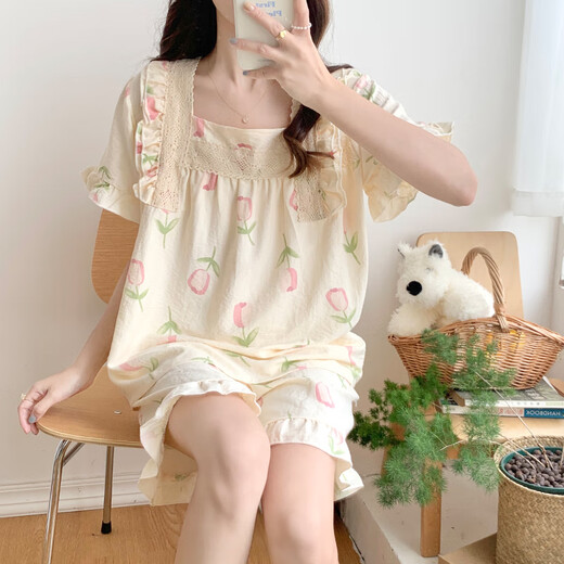 Sondr Pyjamas für Frauen im Sommer süßer gewebter Baumwolle Kurzarm Shorts Anzug für Sommer Damen Dünne Internet-Promi-Kleidung Frühling und Herbststil 695 m [75-100jin [Jin ist 0,5 kg]]