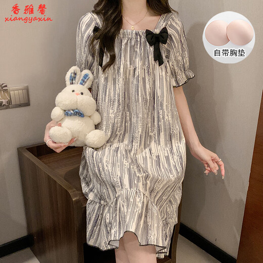 Xiangyaxin summer chest pad short-sleeved nightgown for women woven cotton 2024 new summer sweet princess style home clothes pajama thin 9901-4 color love M