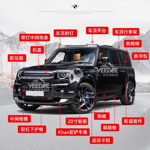 Yusenyi is suitable for Land Rover's new Defender Black Warrior Kit 007. The front and rear surrounds, rear wings and tail throats are blackened. Black Warrior hood air outlet/gloss black/replacement model