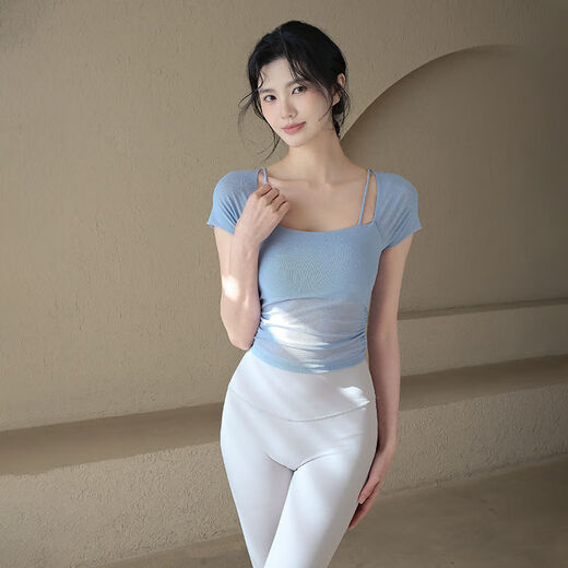 ACKDCS假两件瑜伽服短袖上衣女2025夏季新款带胸垫修身显瘦运动健身T恤
