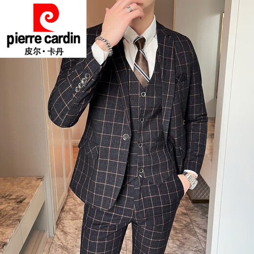 Pierre Cardin Spring and Autumn Thick Suit Men's Three-piece Korean Slim Small Suit Business Formal Wedding Groom's Dress Plaid Gray (Suit, Trousers) Tie M (90-109Jin Jin equals 0.5 kg)