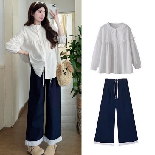 
Ranqi Mommy Pregnant Women's Set Summer 2025 New Loose Casual Belly Belly Covering Variety Collar Doll Shirt Wide Leg Pants Two-piece Set White Shirt (Single) L