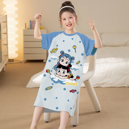 亲子母女睡裙夏季纯棉短袖薄款女童睡衣中大童女孩夏天儿童家居服 B1289哪吒敖丙【100纯棉睡裙】 均码 建议143cm65斤内【16码】