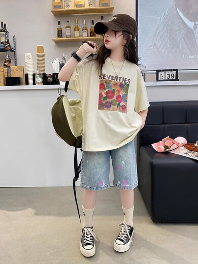 Disney (Disney) Internet Prominente Aprikose Graffiti Baumwollkinder T-Shirt Kurzärärmelte Sommer mittelgroß
