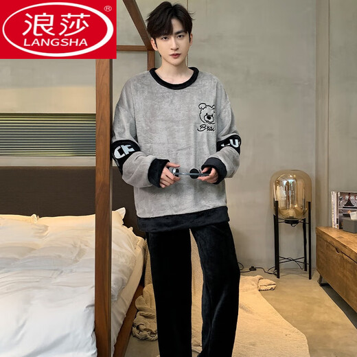 Langsha Warm Koralle Velvet Winter Pyjamas Herbst und Winter verdickt plus Samt Teenager Herren Flanell Home Clothing Set 3890 Buchstaben Stripes Herren 3xl
