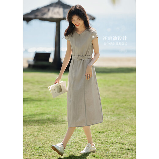 clotho Rennie brand women's French dress for women 2025 summer new Korean style elegant waist-hugging and slimming A-line skirt gray M 100-115Jin[Jin equals 0.5 kg]