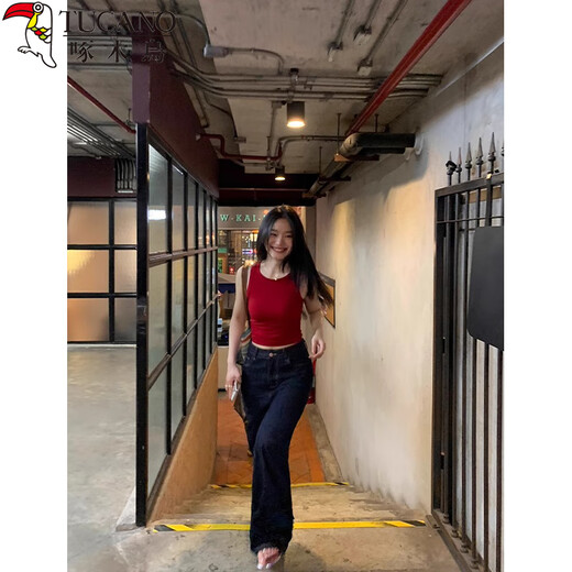 啄木鸟弹力修身短款针织吊带背心女夏季外穿收腰露脐无袖上衣 红色 2XL
