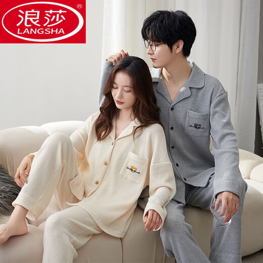 LangSha couple pajamas spring and autumn pure cotton long-sleeved casual men and women student dormitory autumn and winter home clothes for outdoor wear long sleeves M9856 L couple women + men L