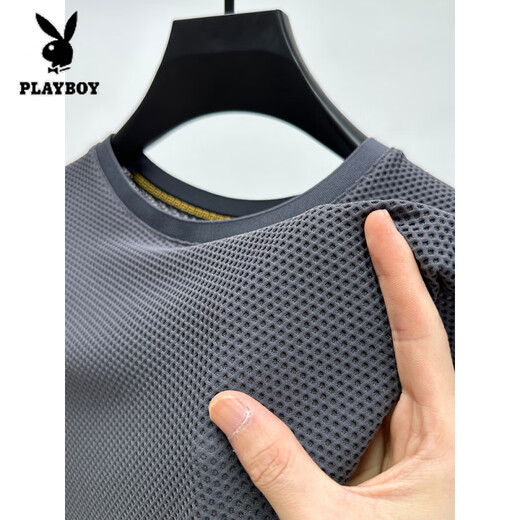 花花公子（PLAYBOY）冰丝网眼t恤男士短袖圆领夏季冰感透气吸汗速干运动修身体恤上衣 D6188深灰色 M